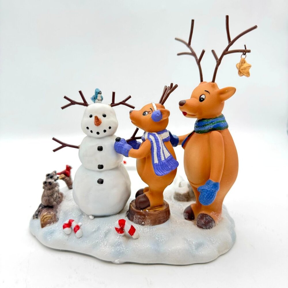 PartyLite Reindeer Snowman Scene Pillar Candle Holder Figurine w/ Box & Pamphlet
